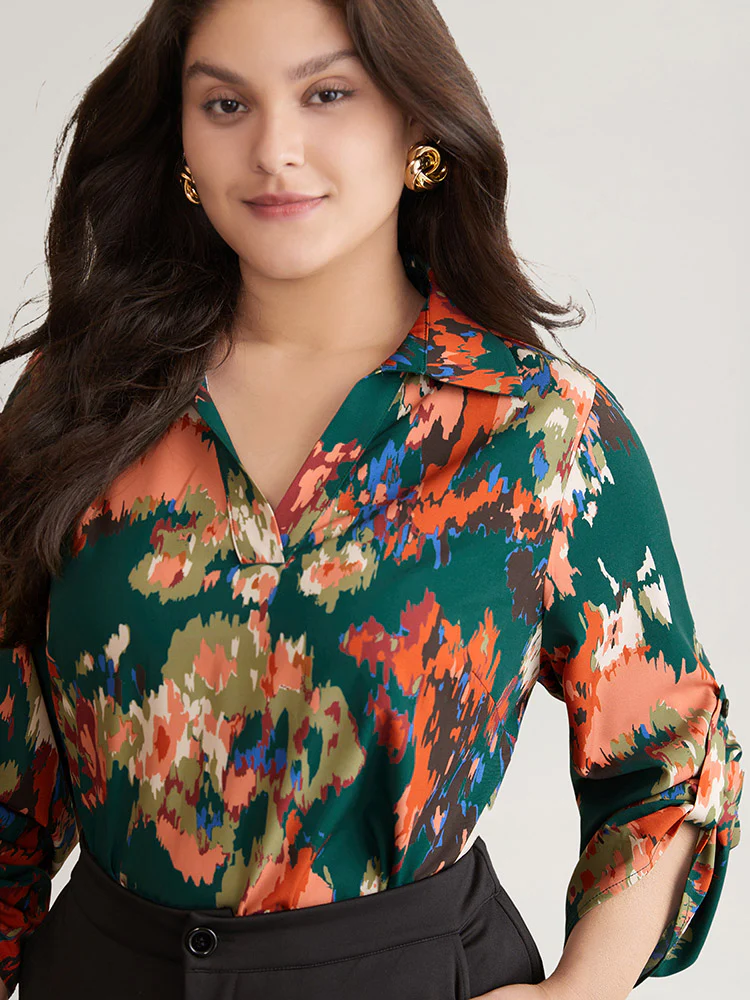 Pixel Flower Shirt Collar Tab Sleeve Blouse - Image 3