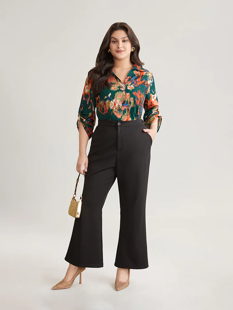 Pixel Flower Shirt Collar Tab Sleeve Blouse - Image 4