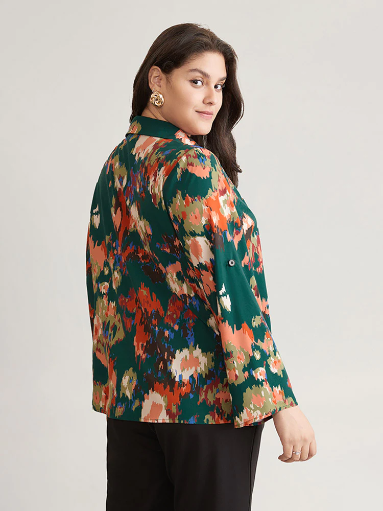 Pixel Flower Shirt Collar Tab Sleeve Blouse - Image 5