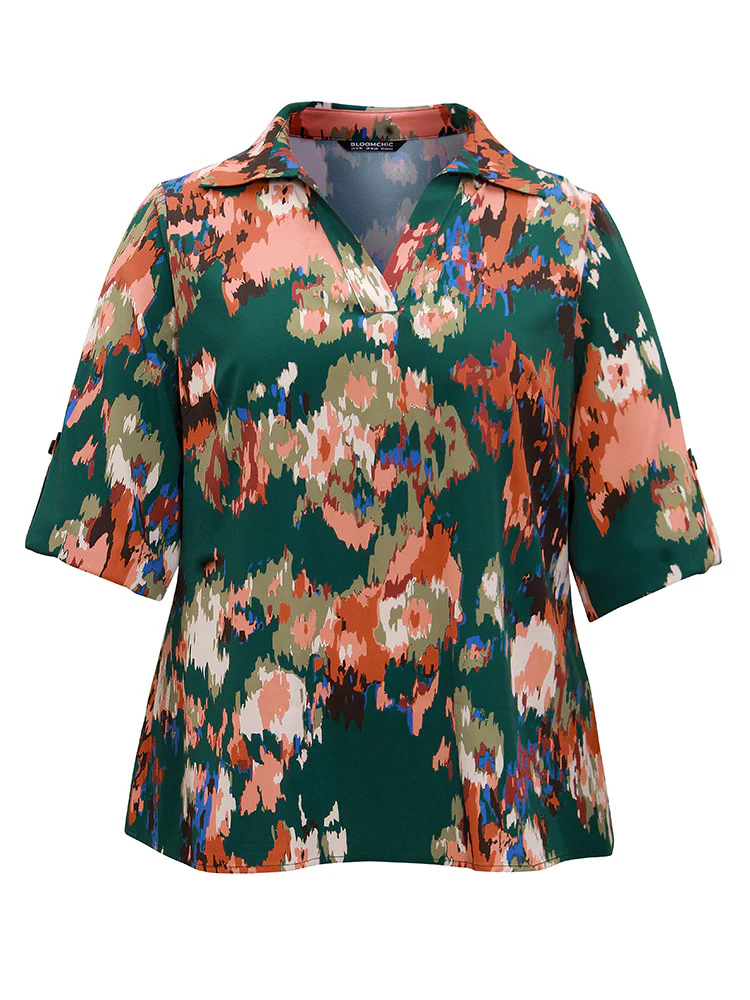 Pixel Flower Shirt Collar Tab Sleeve Blouse - Image 6