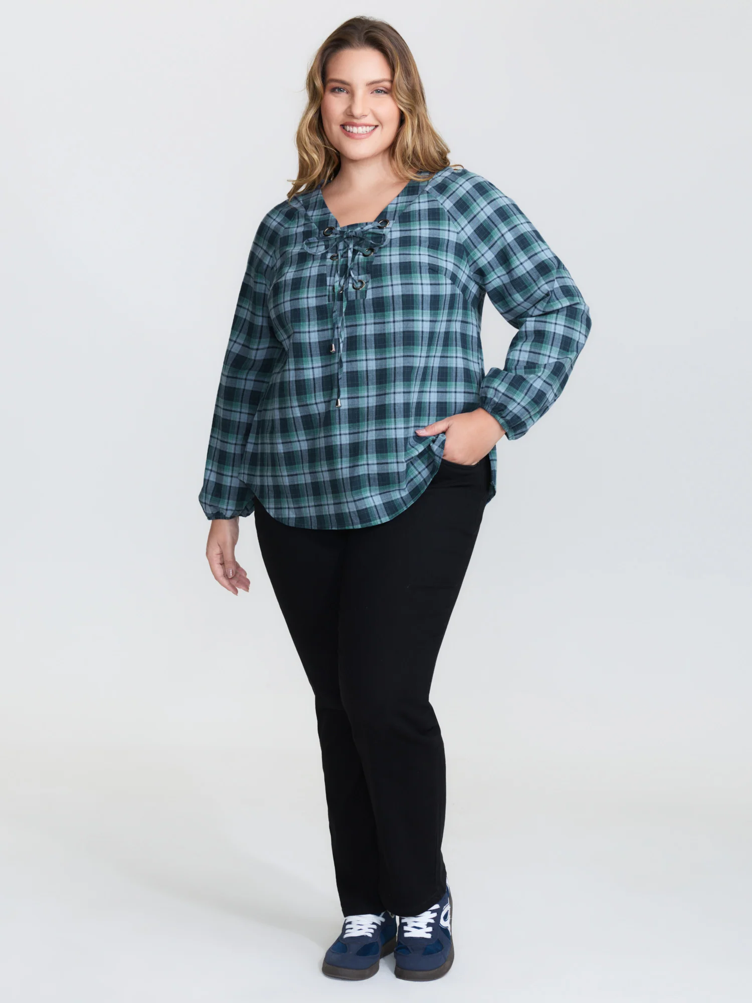 Plaid 2-in-1 Neck Tie Blouse - Image 2