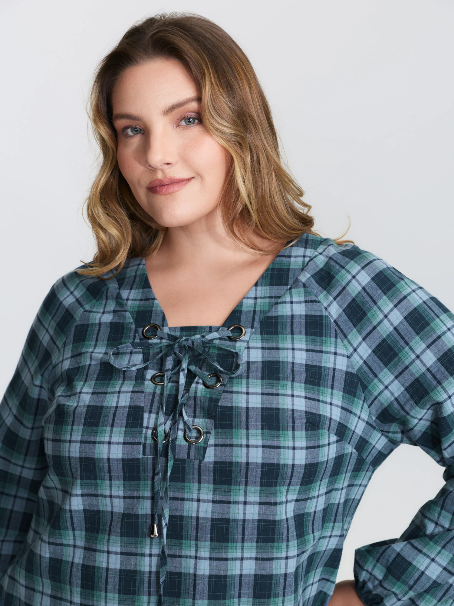 Plaid 2-in-1 Neck Tie Blouse - Image 3