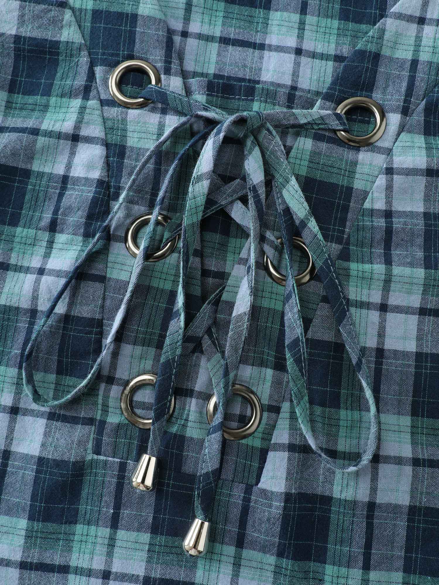 Plaid 2-in-1 Neck Tie Blouse - Image 6