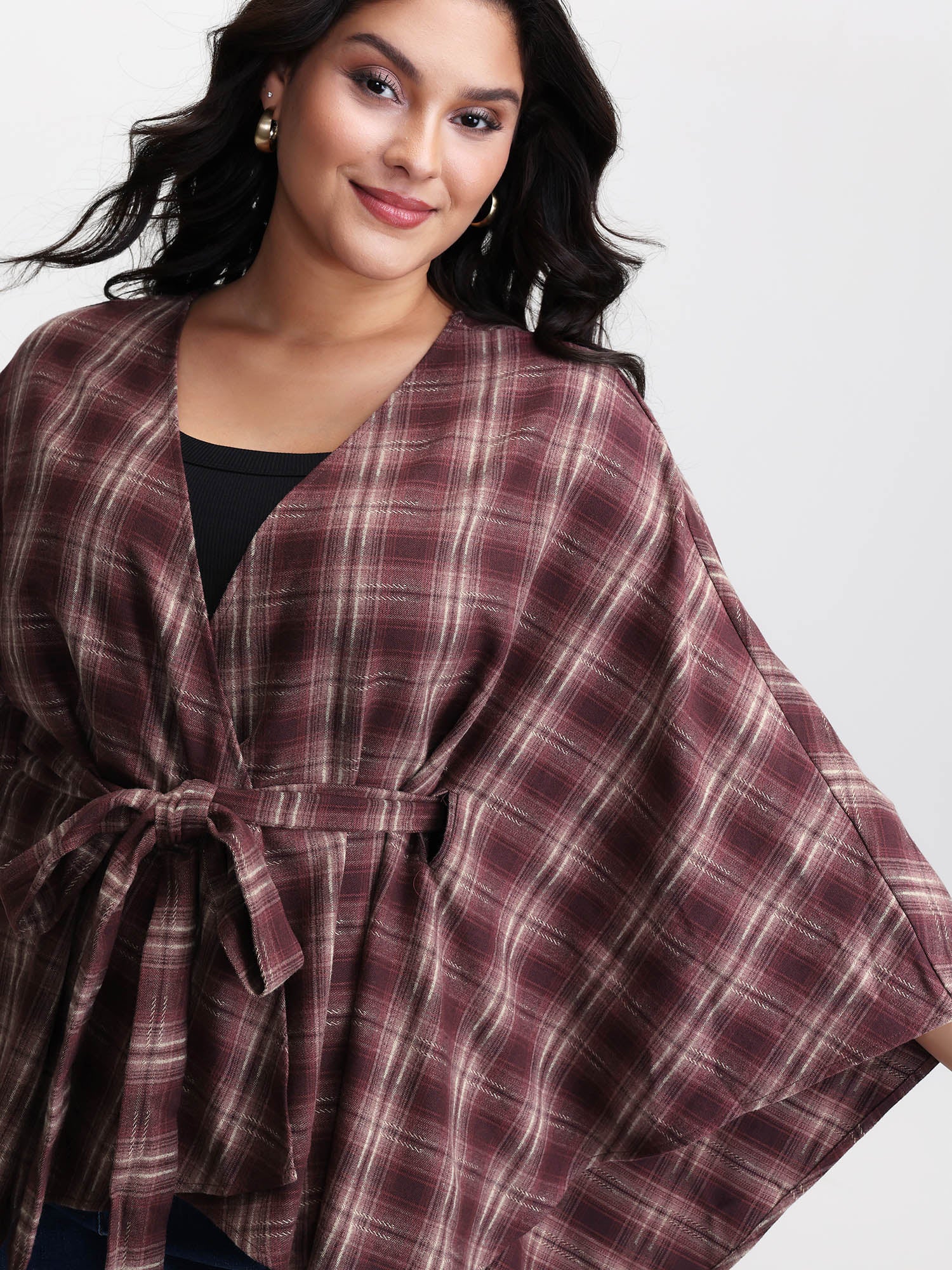 Plaid Asymmetrical Hem Cinched-Waist Coat - Image 2