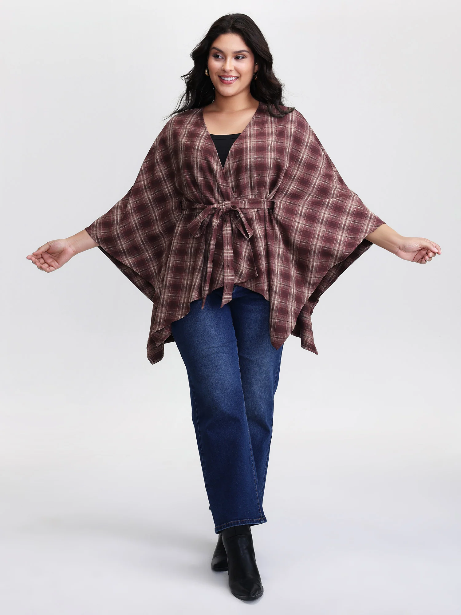 Plaid Asymmetrical Hem Cinched-Waist Coat - Image 3