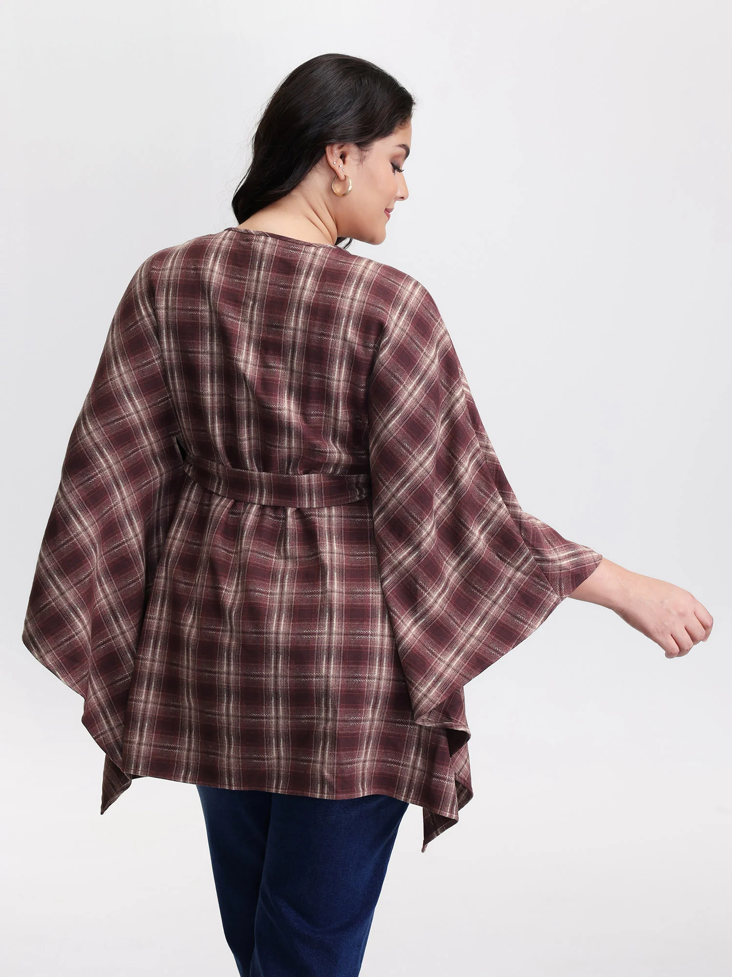 Plaid Asymmetrical Hem Cinched-Waist Coat - Image 4