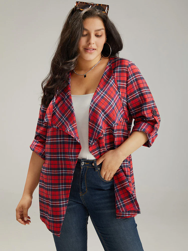 Plaid Asymmetrical Hem Tab Sleeve Jacket - Image 2