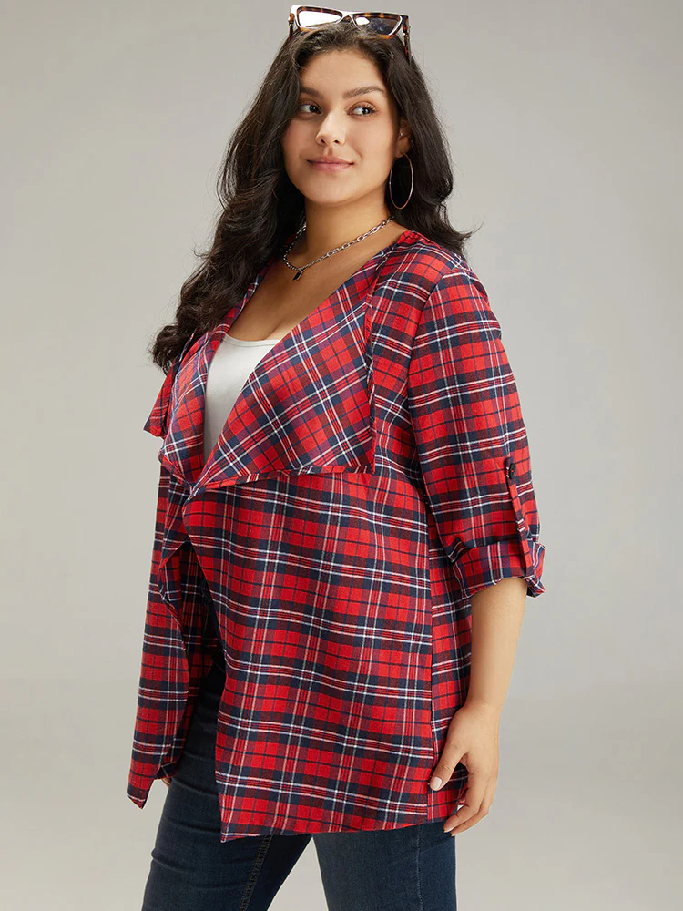Plaid Asymmetrical Hem Tab Sleeve Jacket - Image 3