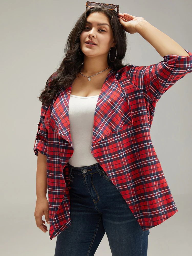 Plaid Asymmetrical Hem Tab Sleeve Jacket - Image 4