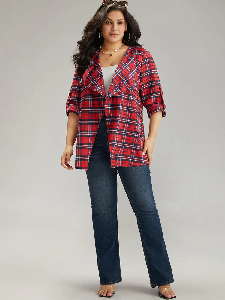 Plaid Asymmetrical Hem Tab Sleeve Jacket - Image 5