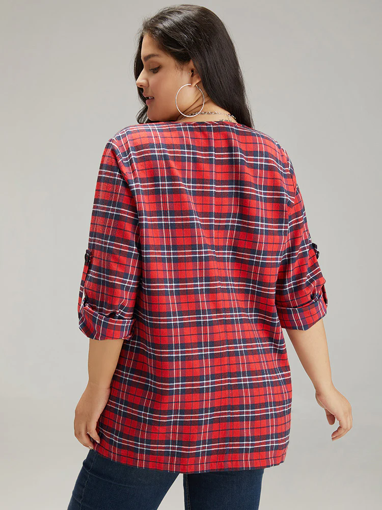 Plaid Asymmetrical Hem Tab Sleeve Jacket - Image 6