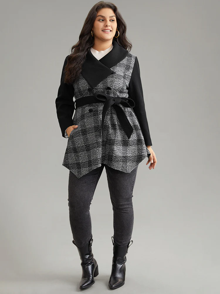 Plaid Belted Lapel Collar Button Up Coat - Image 4