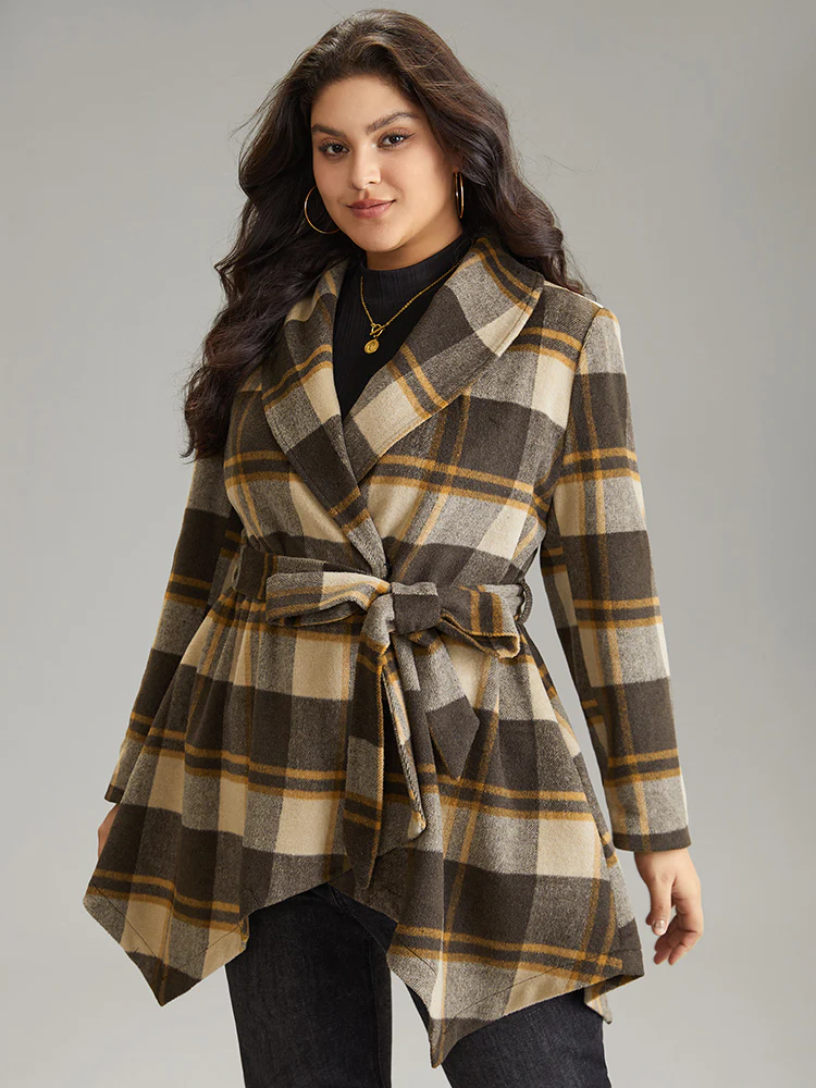 Plaid Belted Lapel Collar Hanky Hem Coat