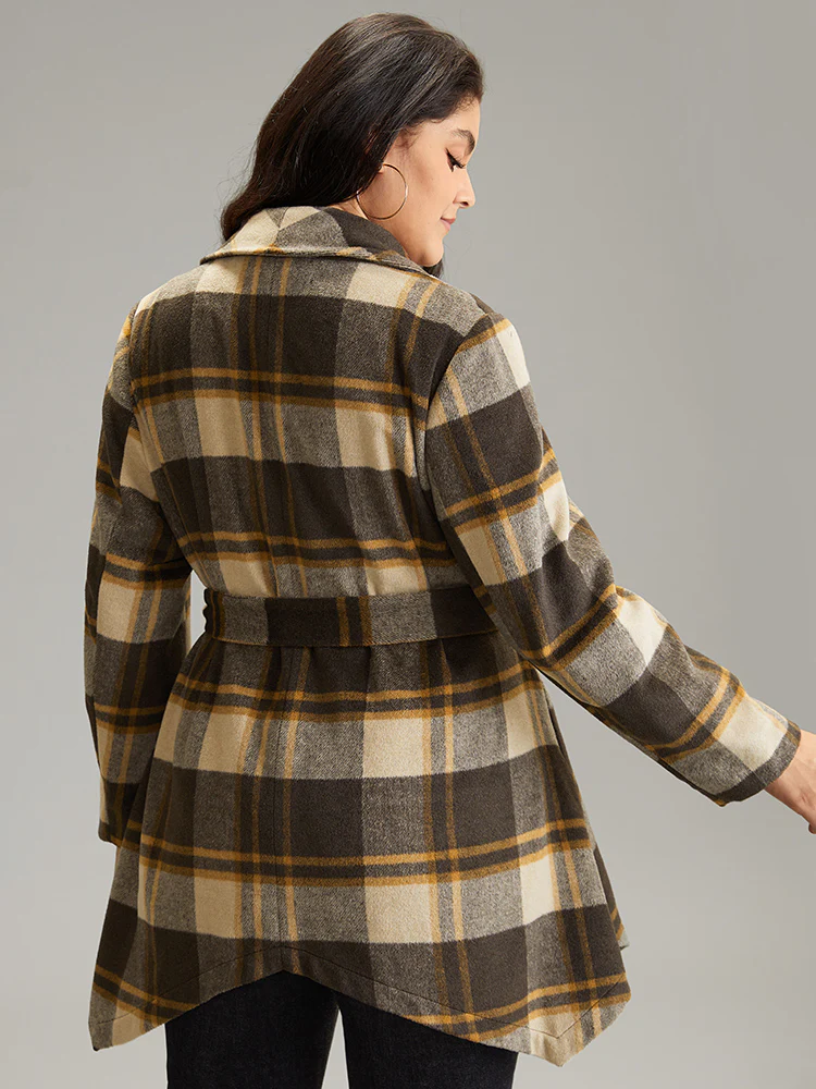 Plaid Belted Lapel Collar Hanky Hem Coat - Image 2