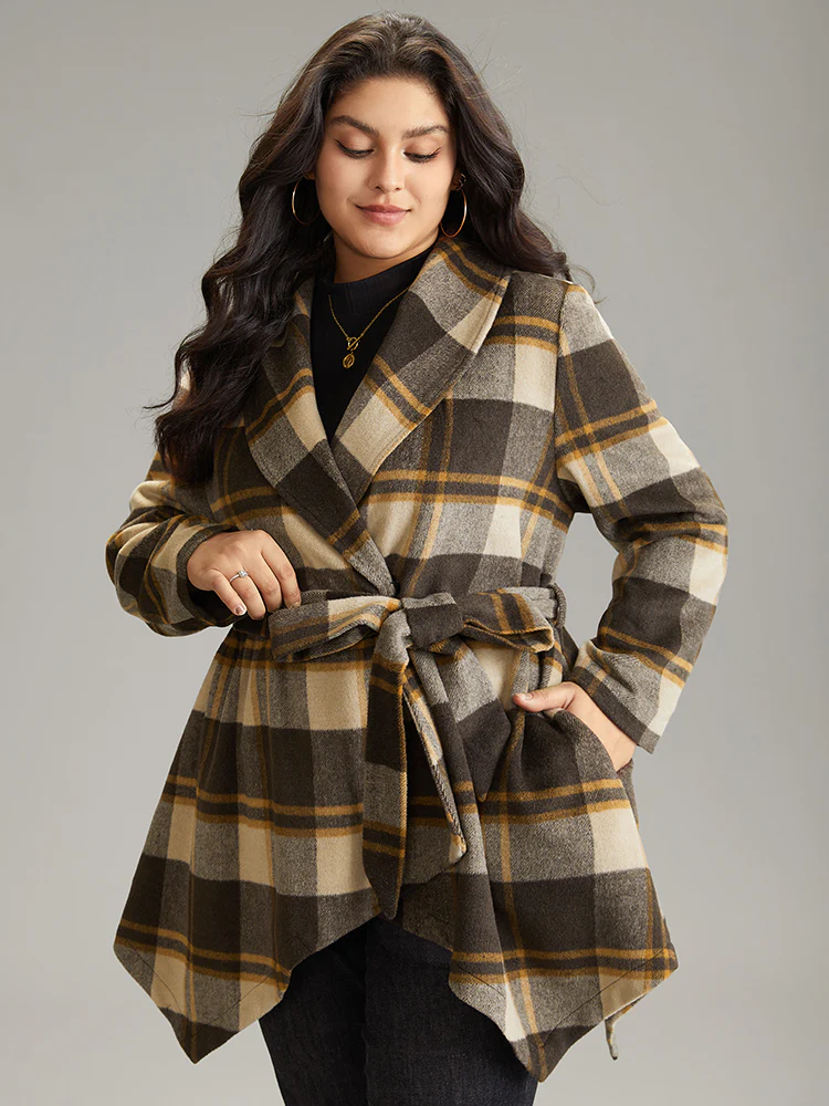 Plaid Belted Lapel Collar Hanky Hem Coat - Image 3
