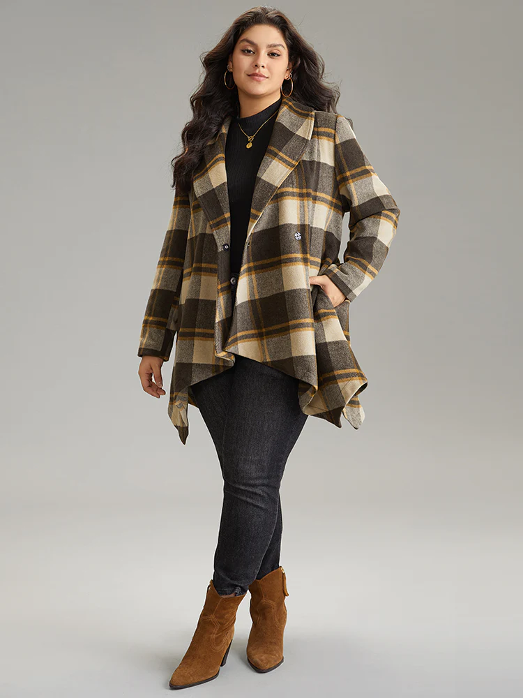 Plaid Belted Lapel Collar Hanky Hem Coat - Image 4
