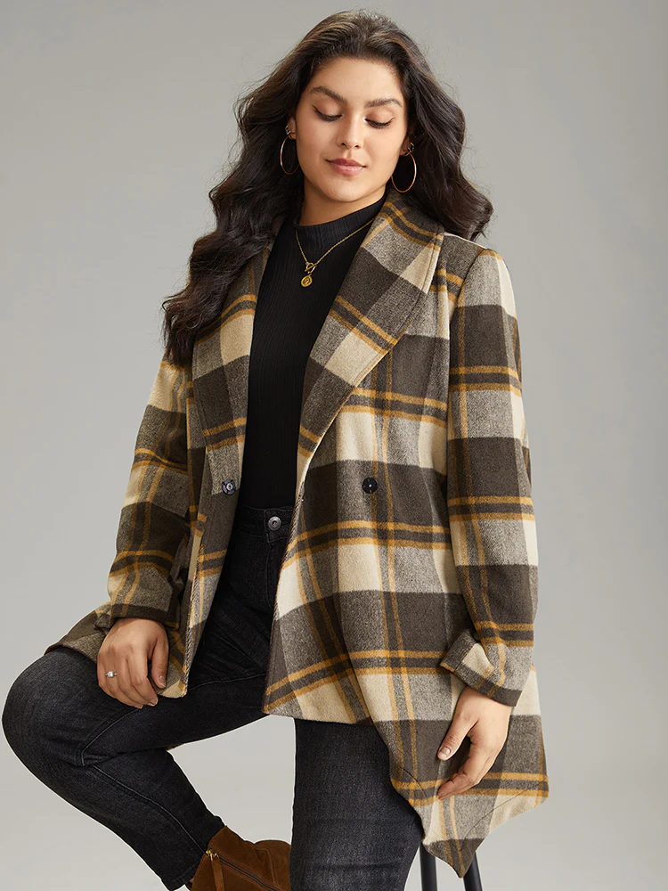 Plaid Belted Lapel Collar Hanky Hem Coat - Image 5