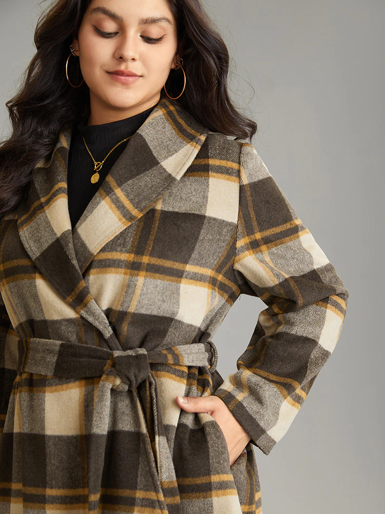 Plaid Belted Lapel Collar Hanky Hem Coat - Image 6