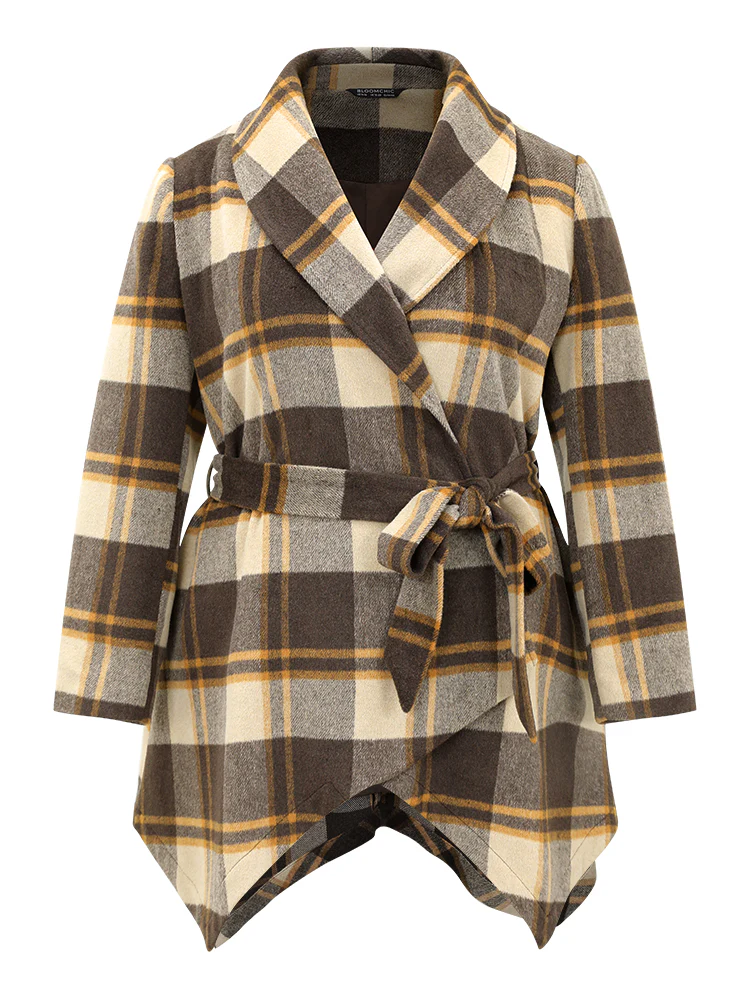 Plaid Belted Lapel Collar Hanky Hem Coat - Image 7