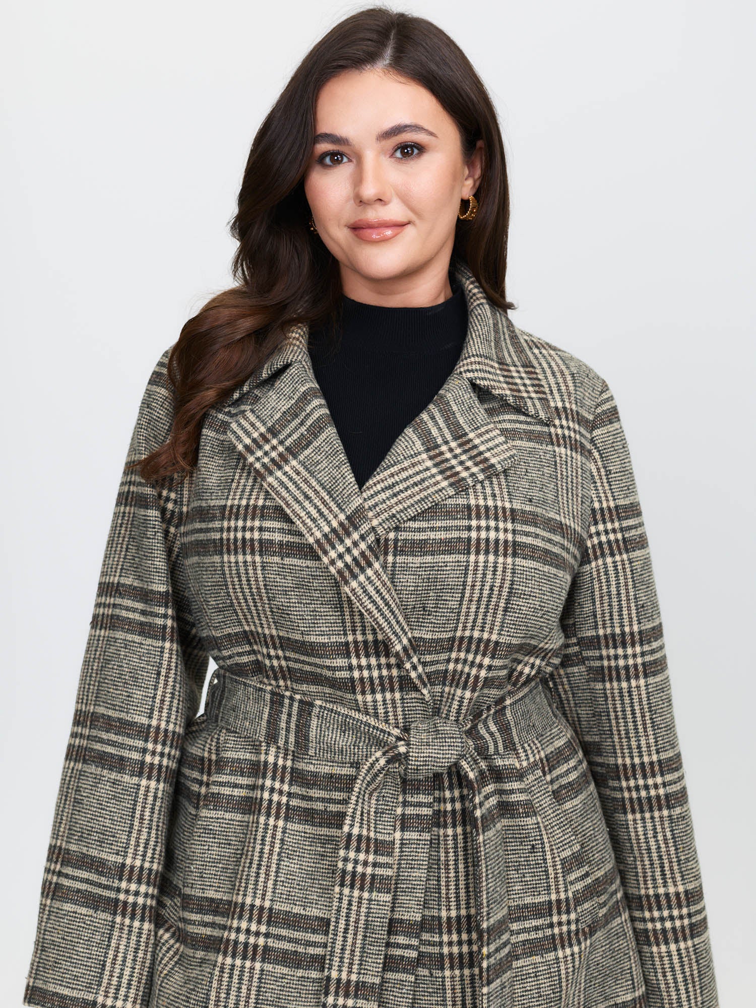 Plaid Belted Waist-Defining Coat - Image 2