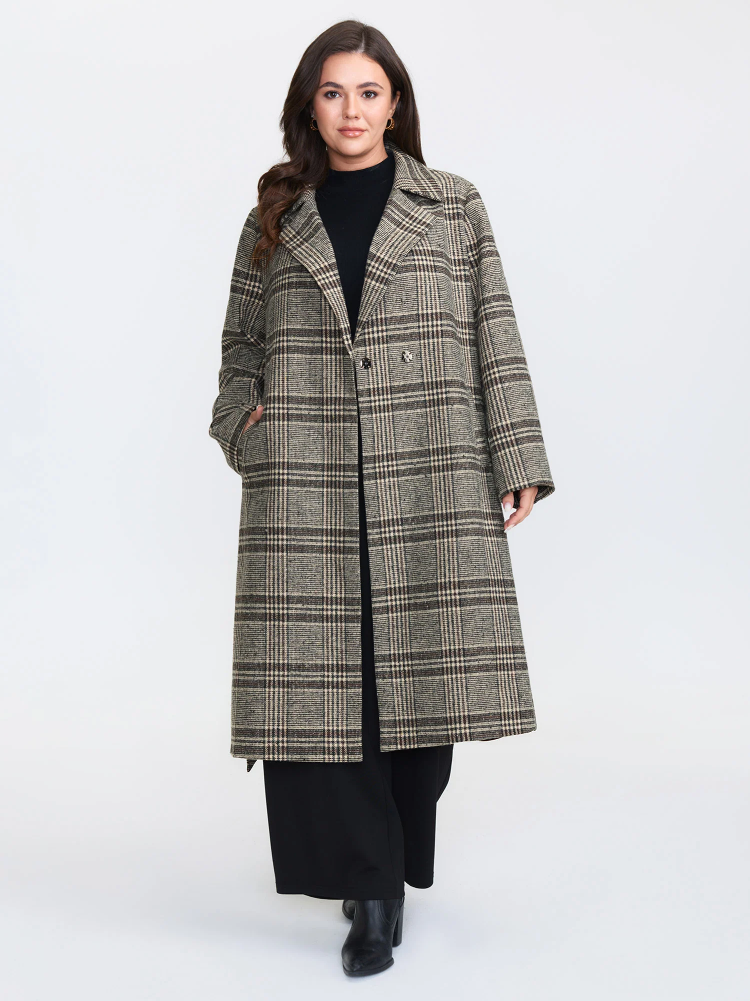 Plaid Belted Waist-Defining Coat - Image 3