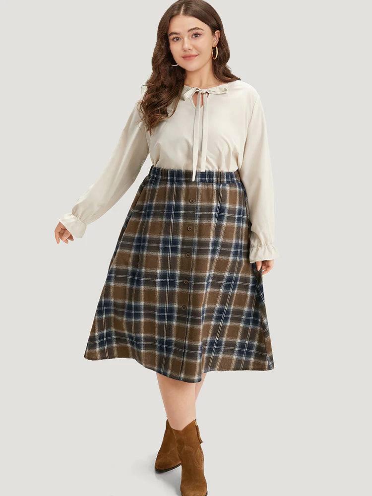 Plaid Button Detail Elastic Waist Woven Skirt - Image 2