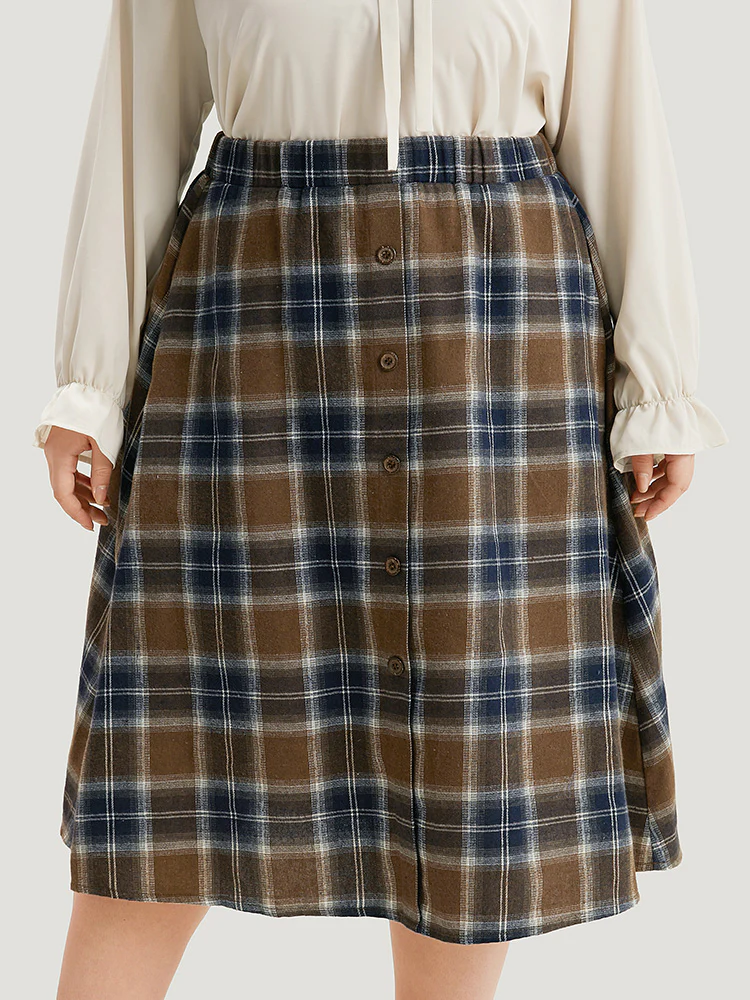 Plaid Button Detail Elastic Waist Woven Skirt - Image 3