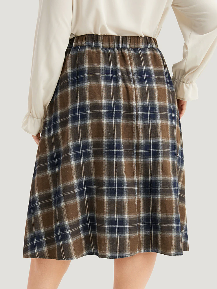 Plaid Button Detail Elastic Waist Woven Skirt - Image 4
