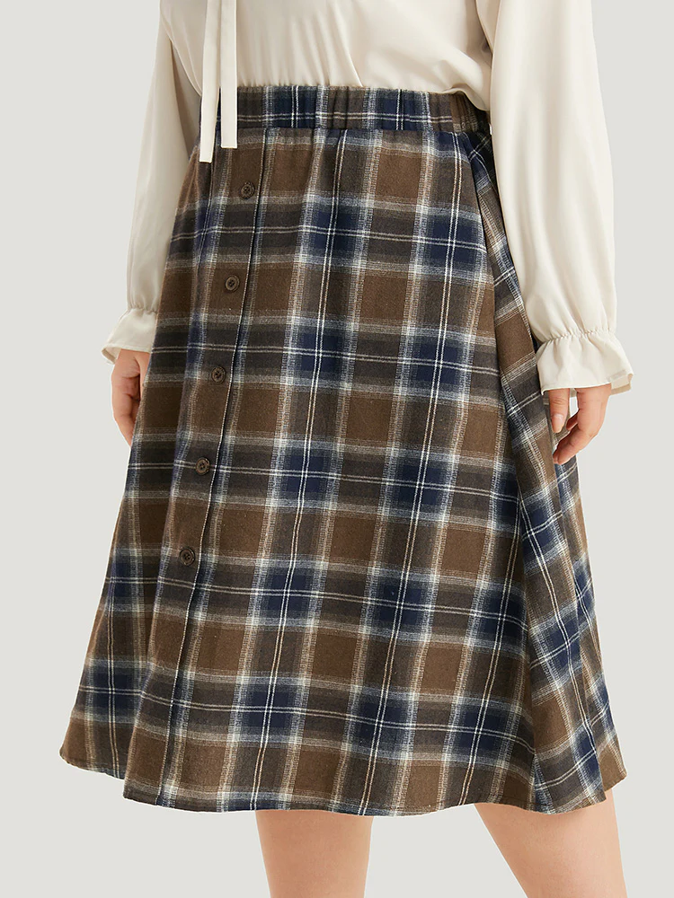 Plaid Button Detail Elastic Waist Woven Skirt - Image 5
