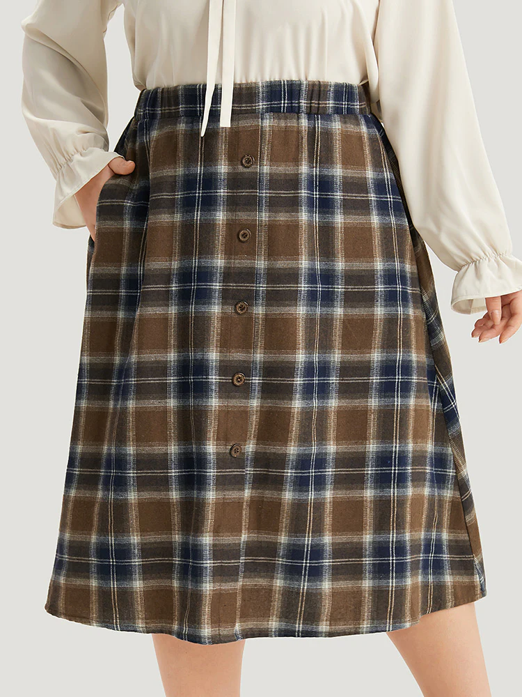 Plaid Button Detail Elastic Waist Woven Skirt - Image 6