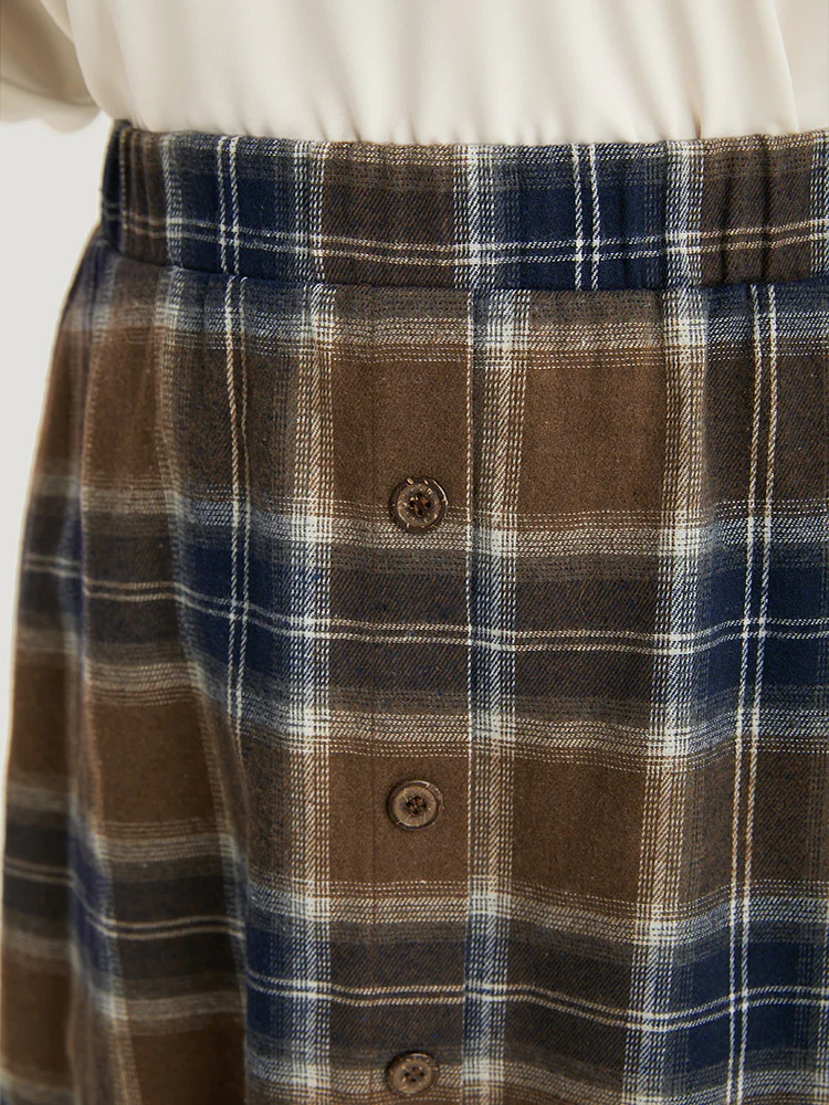 Plaid Button Detail Elastic Waist Woven Skirt - Image 7