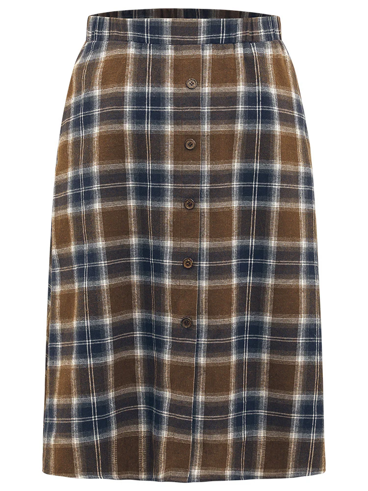 Plaid Button Detail Elastic Waist Woven Skirt - Image 9