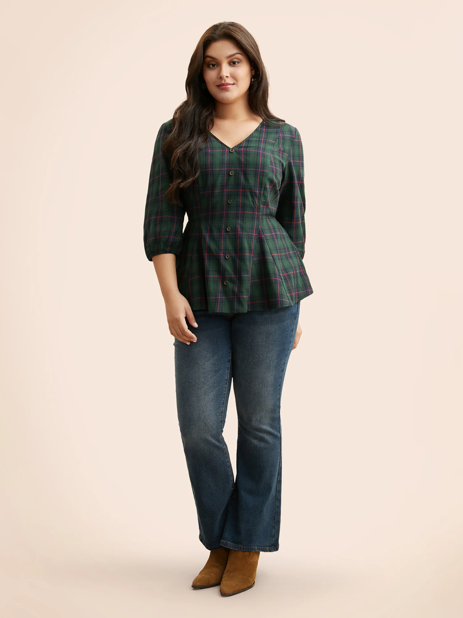 Plaid Button Detail Lantern Sleeve Blouse - Image 2