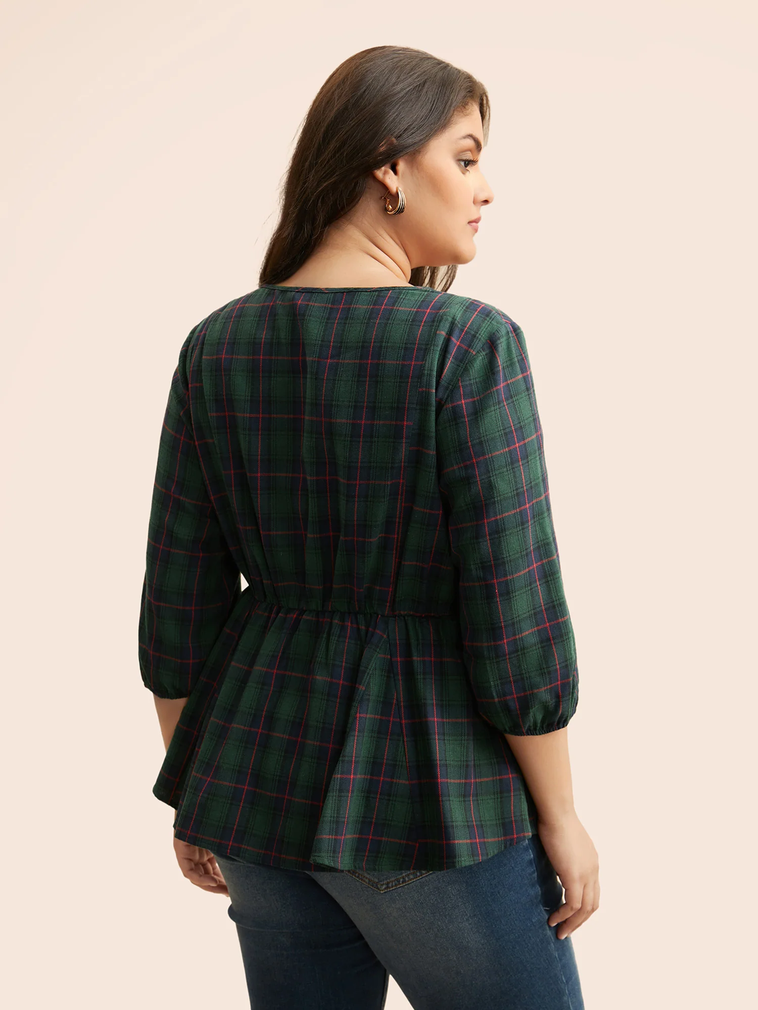 Plaid Button Detail Lantern Sleeve Blouse - Image 3