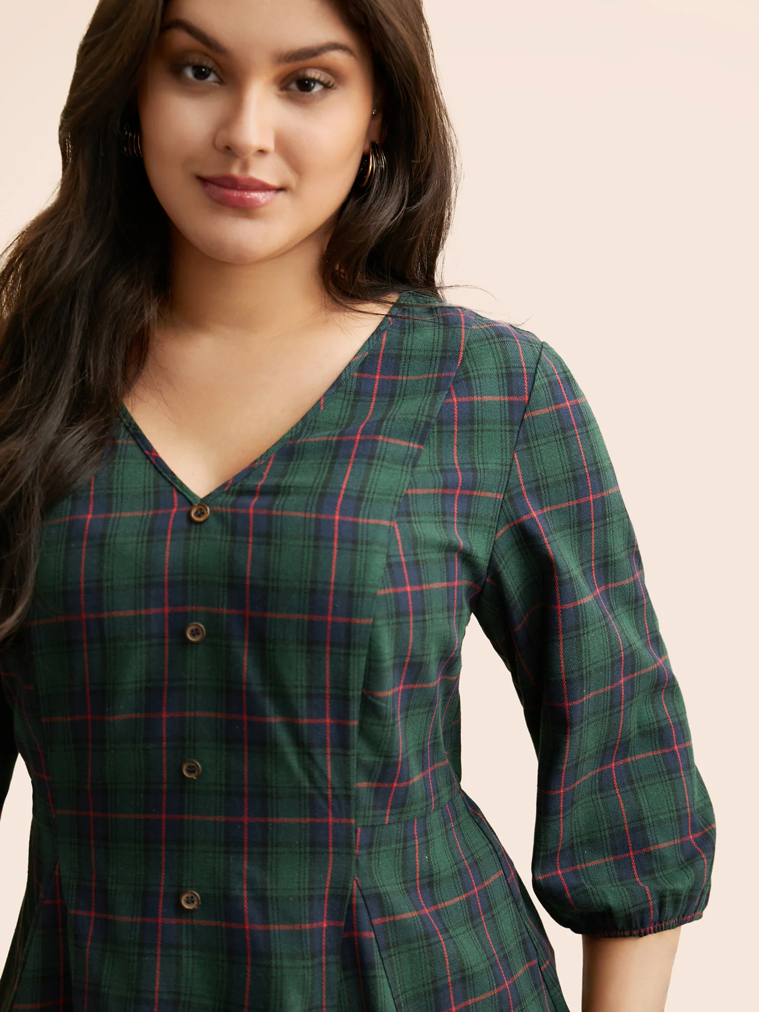 Plaid Button Detail Lantern Sleeve Blouse - Image 4