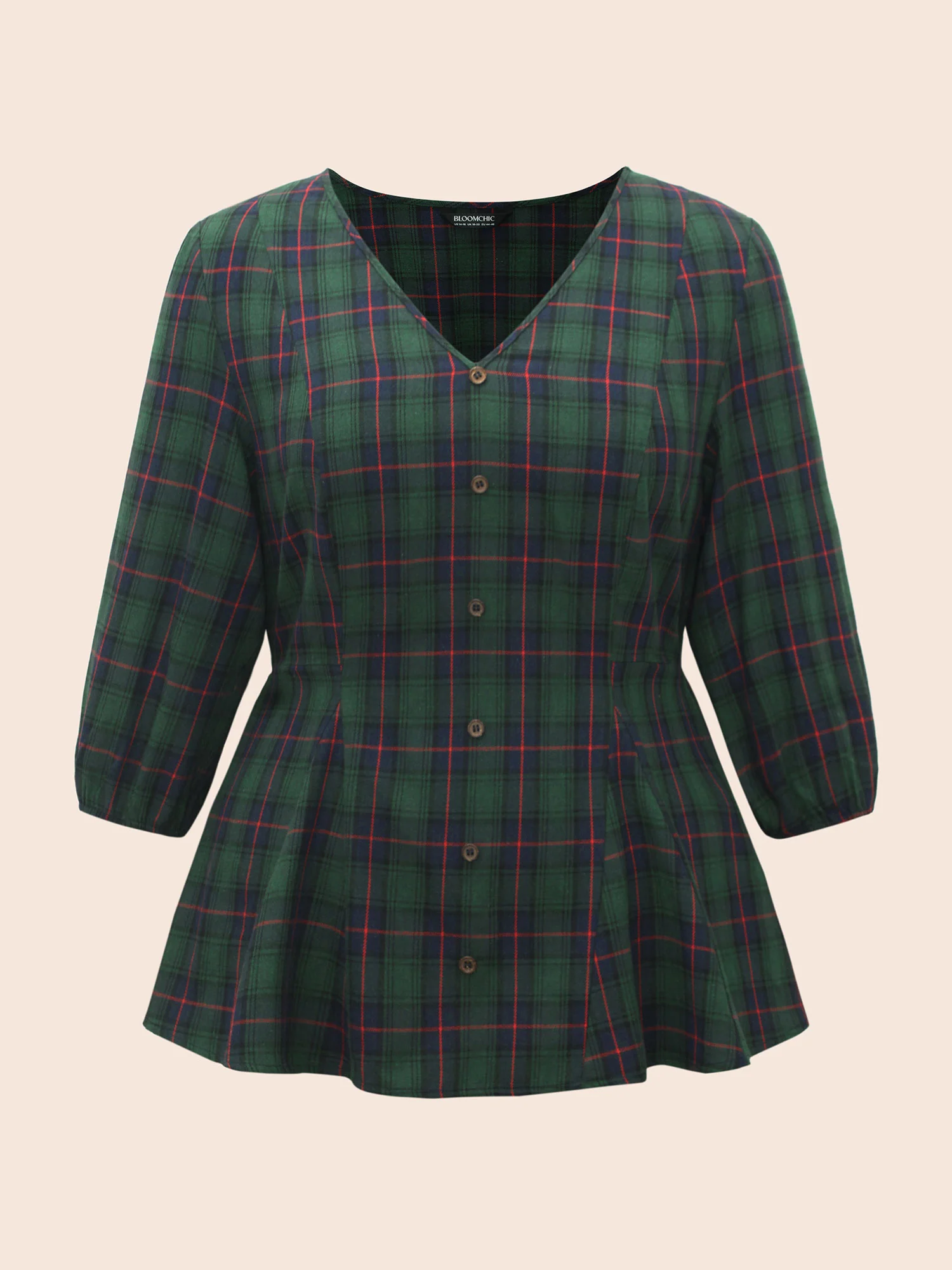 Plaid Button Detail Lantern Sleeve Blouse - Image 7