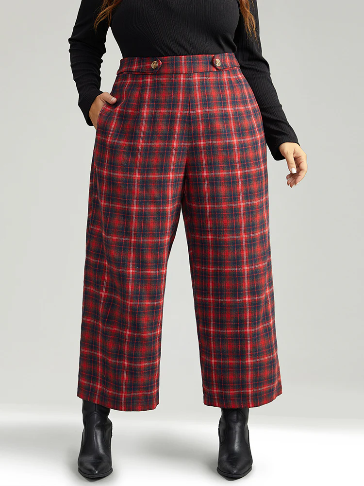 Plaid Button Detail Pocket Loose Pants