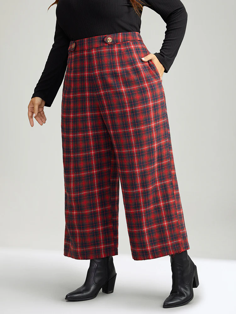 Plaid Button Detail Pocket Loose Pants - Image 2