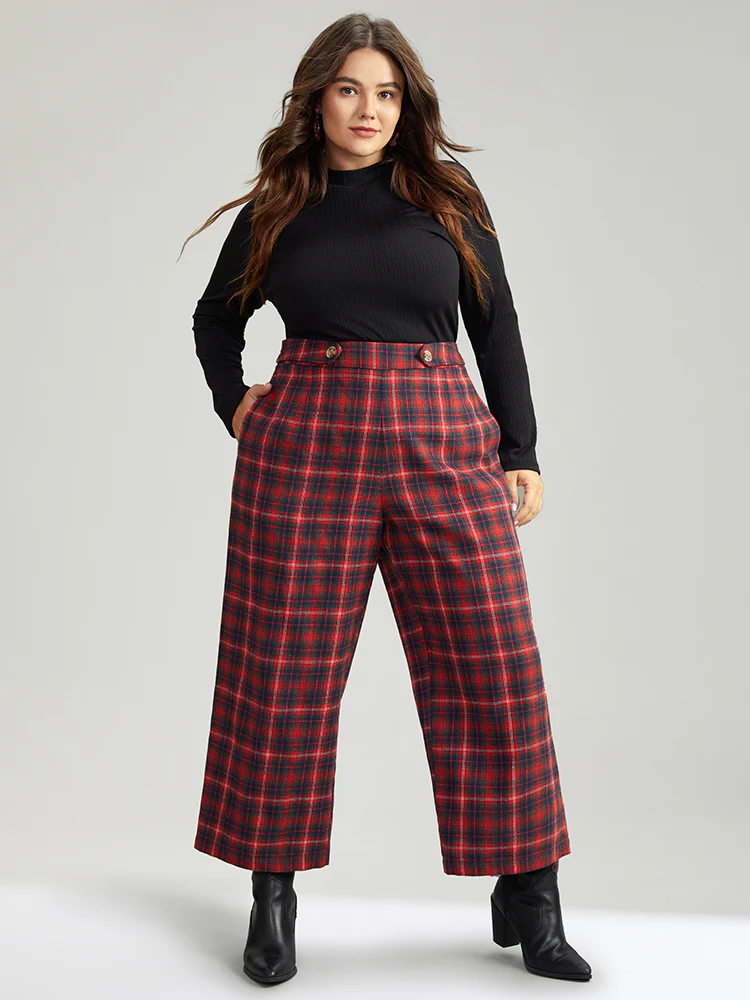 Plaid Button Detail Pocket Loose Pants - Image 3