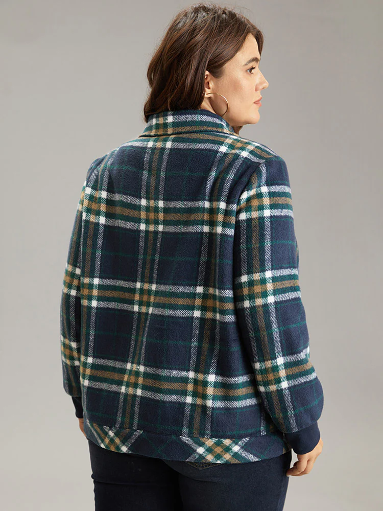 Plaid Button Detail Pocket Zipper Jacket - Image 2