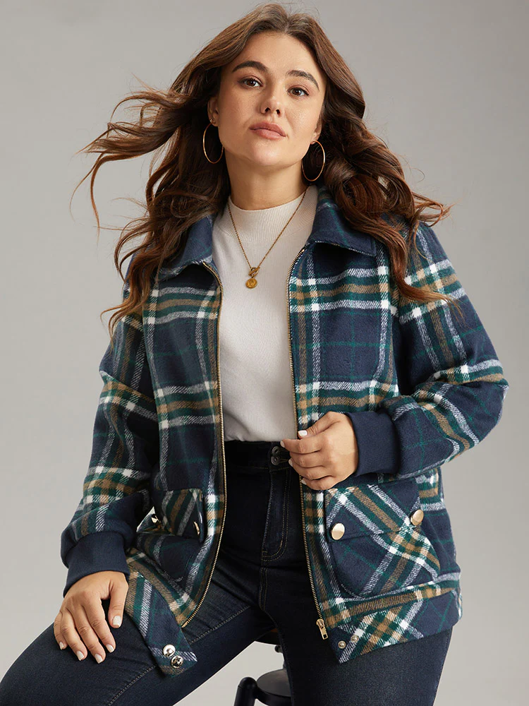 Plaid Button Detail Pocket Zipper Jacket - Image 3