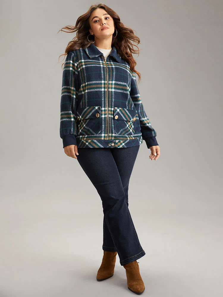Plaid Button Detail Pocket Zipper Jacket - Image 4