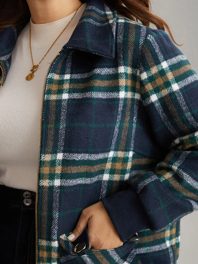 Plaid Button Detail Pocket Zipper Jacket - Image 5