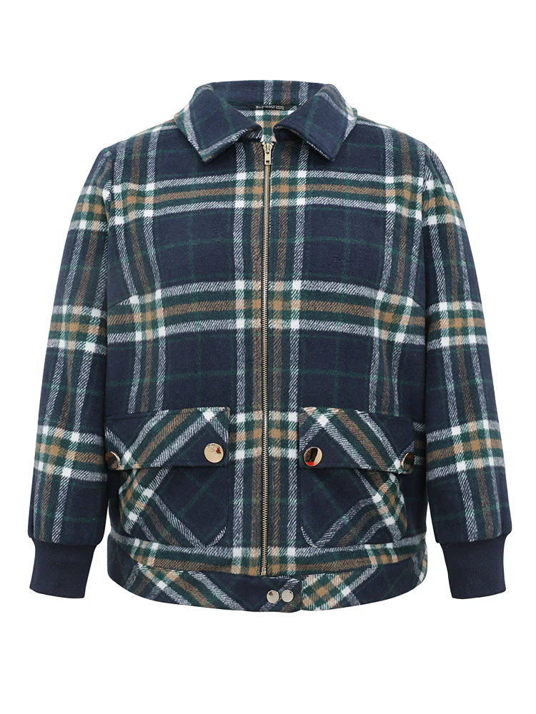 Plaid Button Detail Pocket Zipper Jacket - Image 6