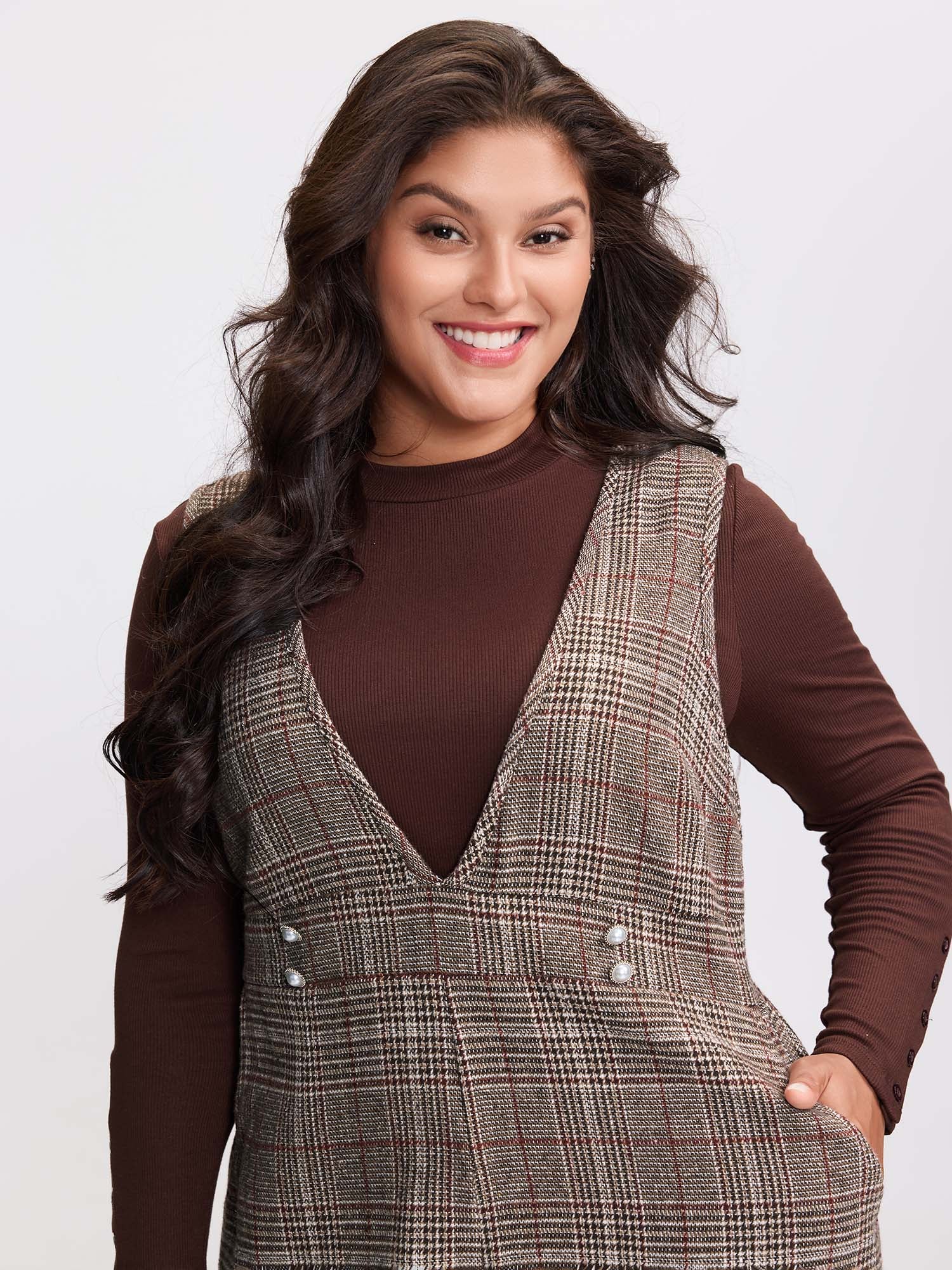 Plaid Button Detail V-Neck Jumpsuit - Image 2