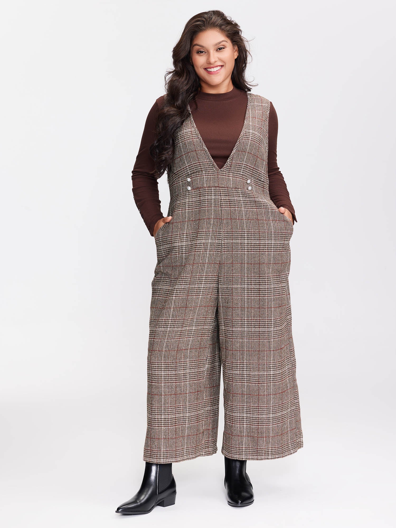 Plaid Button Detail V-Neck Jumpsuit - Image 3