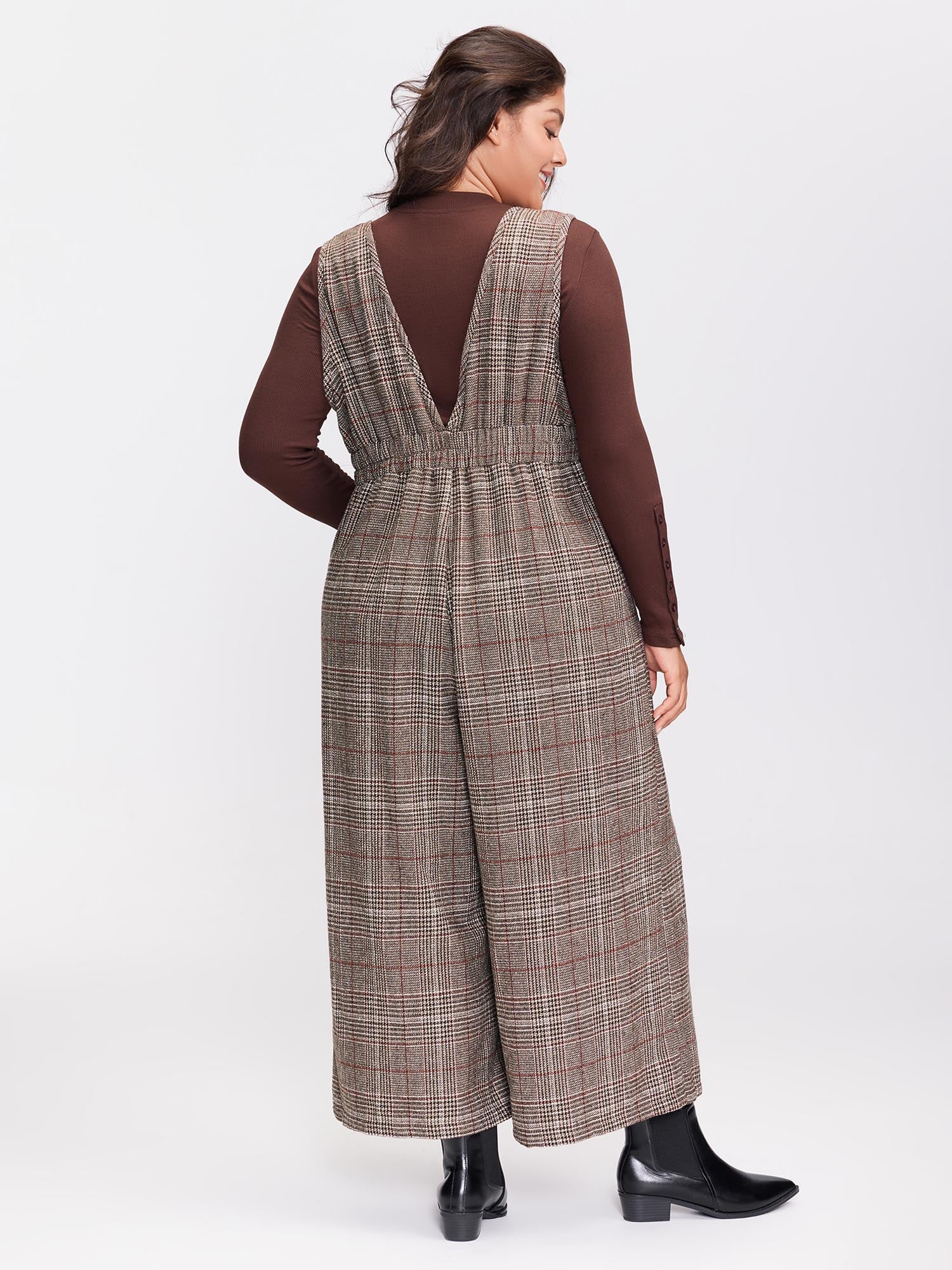 Plaid Button Detail V-Neck Jumpsuit - Image 4