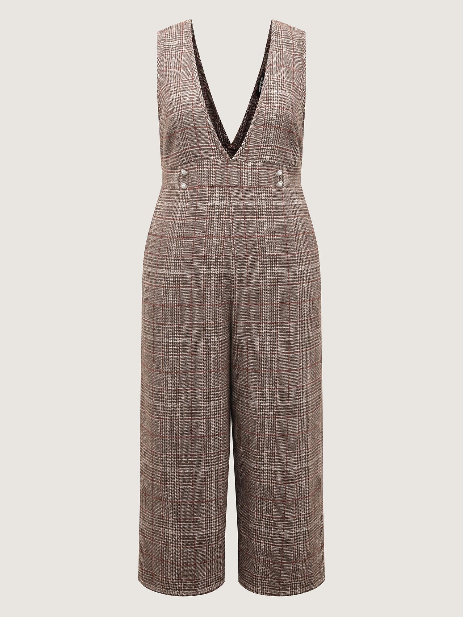 Plaid Button Detail V-Neck Jumpsuit - Image 7