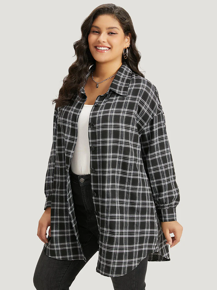 Plaid Button Fly Curved Hem Shirt Collar Coat - Image 3