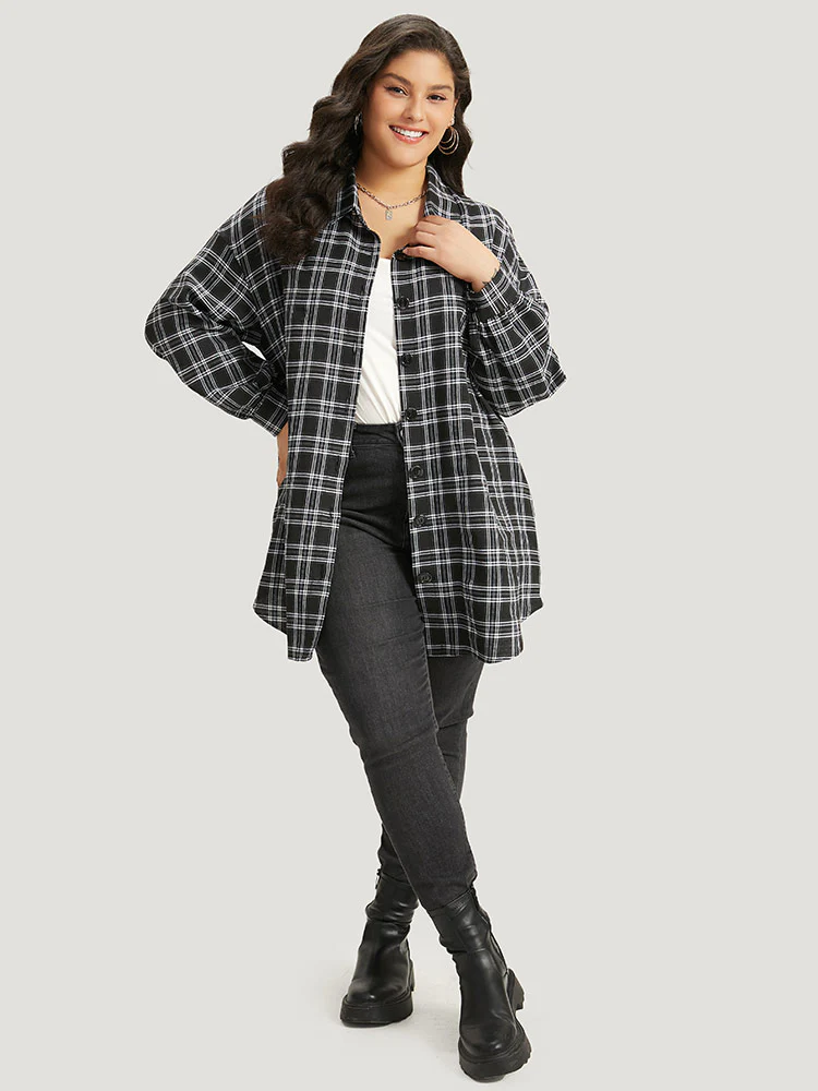 Plaid Button Fly Curved Hem Shirt Collar Coat - Image 4